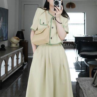 Set: Short-sleeve Contrast Trim Cardigan + Midi A-line Skirt