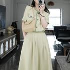 Set: Short-sleeve Contrast Trim Cardigan + Midi A-line Skirt