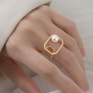 Sterling Silver Rhinestone Faux Pearl Open Ring White & Gold - One Size