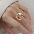 Sterling Silver Rhinestone Faux Pearl Open Ring White & Gold - One Size