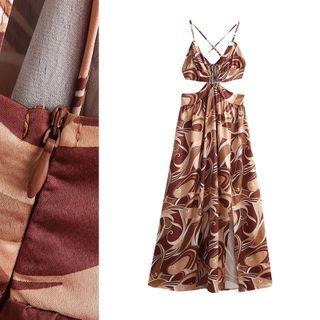 Spaghetti Strap Patterned Cut-out Maxi A-line Dress