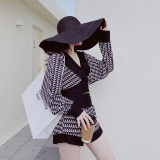 Set: Houndstooth Bikini Top + Bottom + Shorts + Cover-up Top