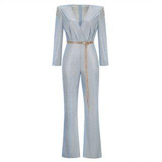 Set: Long-sleeve Rhinestone Glitter Jumpsuit + Waist Chain