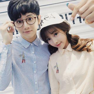 Couple Matching Embroidery Pinstripe Shirt