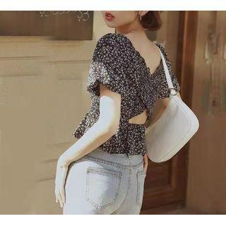 Puff-sleeve Floral Print Open-back Blouse