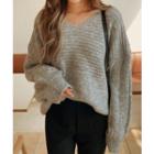 V-neck Drop-shoulder Sweater Gray - One Size