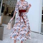 Elbow-sleeve Floral Print Sashed A-line Midi Dress