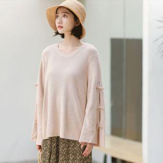 Flare-sleeve Plain Knit Top Pink - One Size