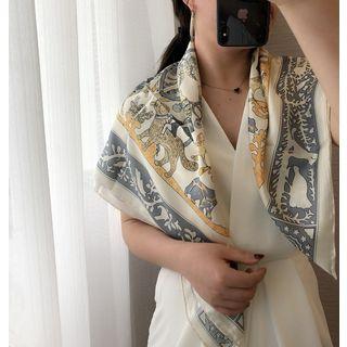 Printed Silk Neck Scarf Grayish Blue & White - One Size