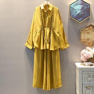 Set: Long-sleeve Crinkled Shirt + Wide-leg Pants