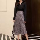 Crop Blouse / Leopard Print Midi A-line Skirt