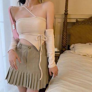 One-shoulder Asymmetrical Cropped Camisole Top / Mini Pleated Skirt / Arm Sleeves / Set