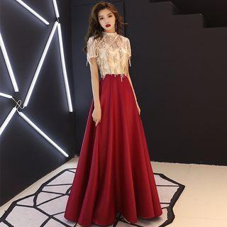 Short-sleeve Fringed Two-tone A-line Evening Gown