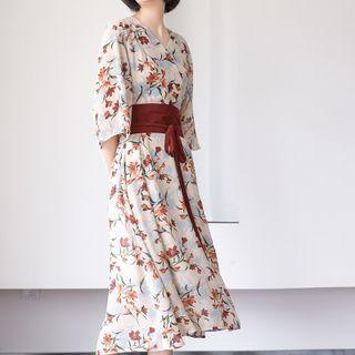 Elbow-sleeve Floral Midi A-line Dress With Waist Band