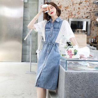Short Sleeve Mock Two Piece Denim Panel Shirtdress