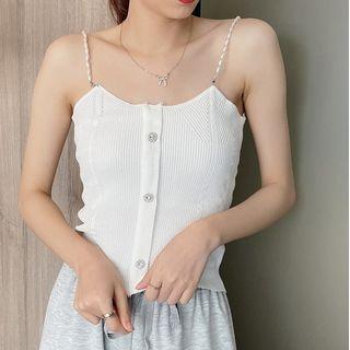 Pearl Camisole Button-up Slim-fit Knit Top