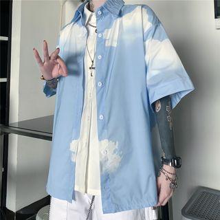 Short-sleeve Tie-dyed Button-up Shirt Light Blue - One Size
