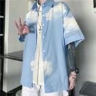 Short-sleeve Tie-dyed Button-up Shirt Light Blue - One Size