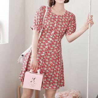 Round-neck Tie-waist Buttoned Floral Minidress