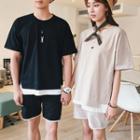 Couple Matching Set: Mock Two-piece Elbow-sleeve T-shirt + Shorts