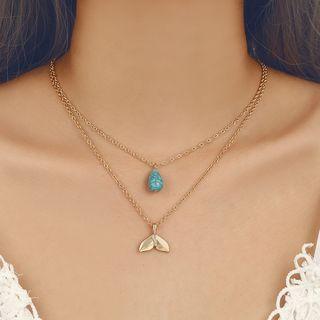 Turquoise Droplet & Alloy Whale Tail Pendant Necklace 6618 - One Size