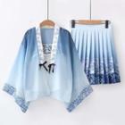 Embroidered Hanfu Blouse / Camisole / Mini Pleated Skirt / Set