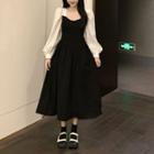 Long-sleeve Color Block Midi A-line Dress Black - One Size