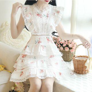 Sleeveless Ruffled Lace Embroidered Floral A-line Mini Tiered Dress