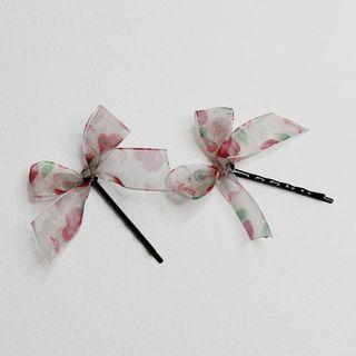Cherry Print Mesh Bow Hair Pin 1 Pc - Cherry - White & Red - One Size