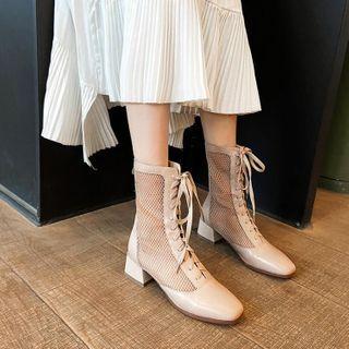 Lace Up Block-heel Perforated Short Boots