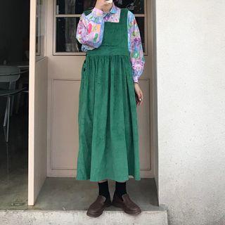 Corduroy Midi Pinafore Dress / Printed Lantern-sleeve Blouse