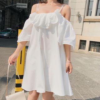 Ruffle Off-shoulder Spaghetti Strap Bell-sleeve Dress
