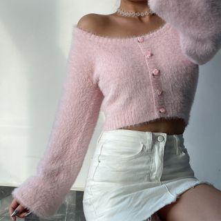 Cropped Fluffy Cardigan Pink - One Size