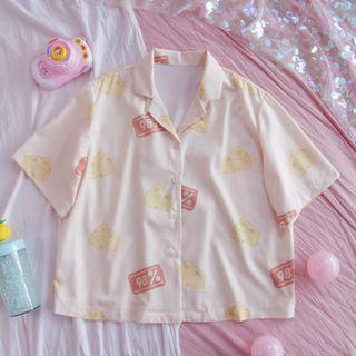 Short-sleeve Graphic Print Open-collar Shirt Light Yellow - One Size