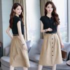 Set: Cap-sleeve Top + Buttoned A-line Midi Skirt + Faux Leather Belt