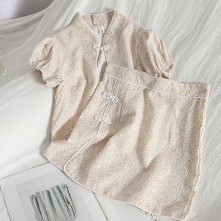 Short-sleeve Mandarin Collar Top / Mini A-line Skirt