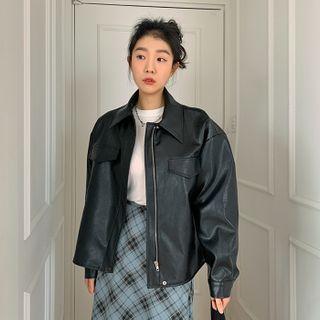 Collared Zipped Pleather Jacket Black - One Size