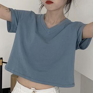 Short-sleeve V-neck / Round Neck Cropped T-shirt