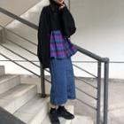 Color-block Check Long-sleeve Loose-fit Shirt / Turtle Neck Cropped Sweater