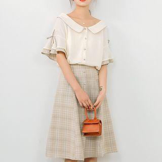 Set: Elbow-sleeve Blouse + Plaid A-line Midi Skirt