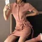 Plain Short-sleeve Dress Pink - One Size