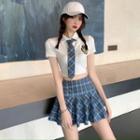 Tie-neck Short-sleeve Cropped Polo Shirt / Plaid Mini A-line Skirt