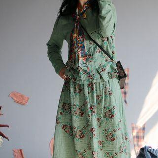 Long-sleeve Floral Print Top / Midi A-line Skirt