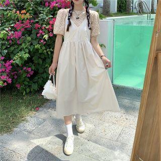 Short-sleeve Floral Blouse / Strappy Midi A-line Dress