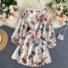 Floral Long-sleeve Tie-waist Mini A-line Wrap Dress Almond - One Size