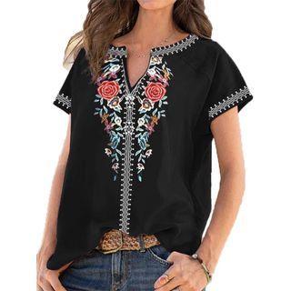 Short-sleeve V-neck Floral Print T-shirt