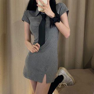 Short-sleeve Tie Accent Dress Gray - One Size
