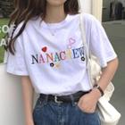 Elbow-sleeve Embroidered Letter T-shirt White - One Size