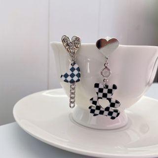 Bear Heart Checker Asymmetrical Alloy Dangle Earring 1 Pair - Earring - S925 Silver Needle - Black & White - One Size