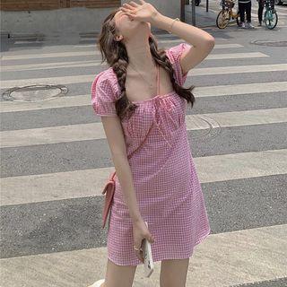 Puff-sleeve Gingham Check Mini Dress Pink - One Size